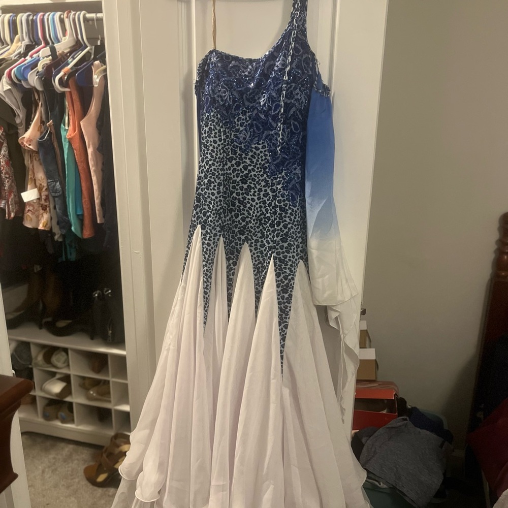 Blue and White One-Shoulder Gown American Smooth Ballroom Dance Dress